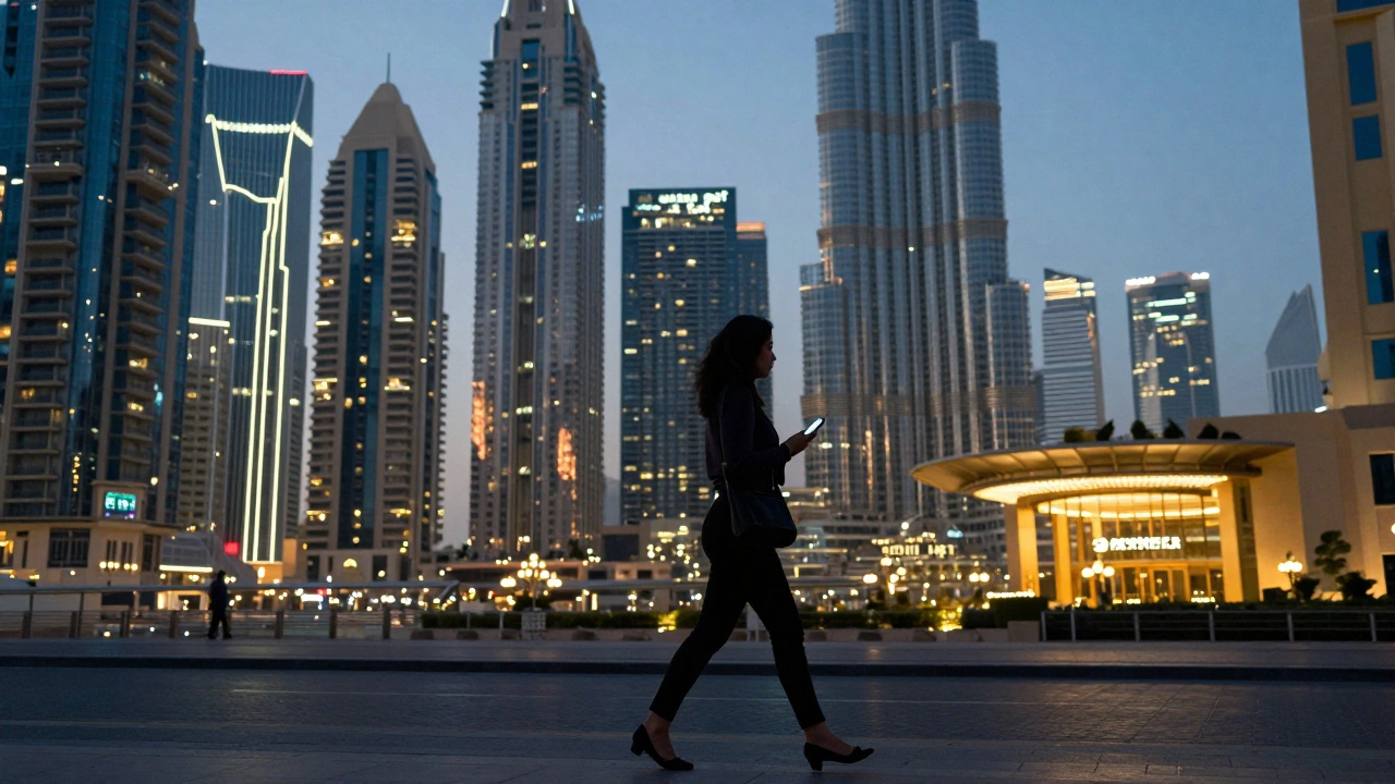 A lone woman walking at dusk in Dubai, framed by glowing skyscrapers and a discreet smartphone glow.
