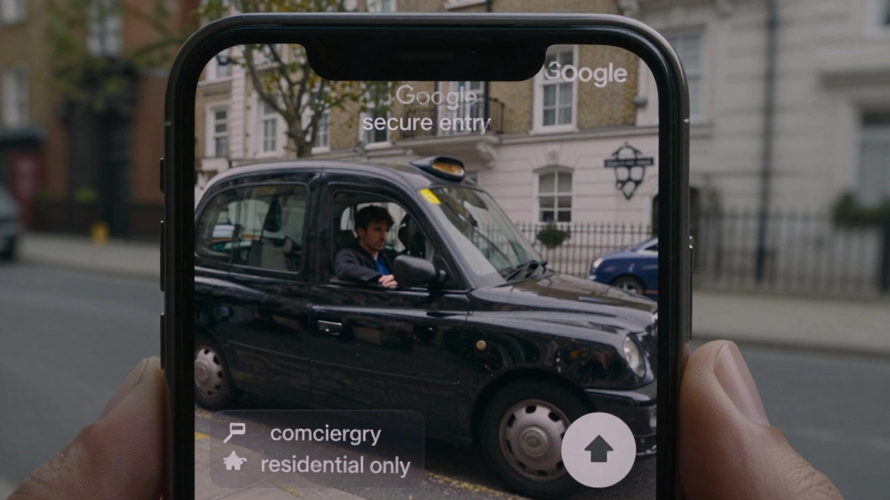 A smartphone showing Google Street View of a secure London apartment building.