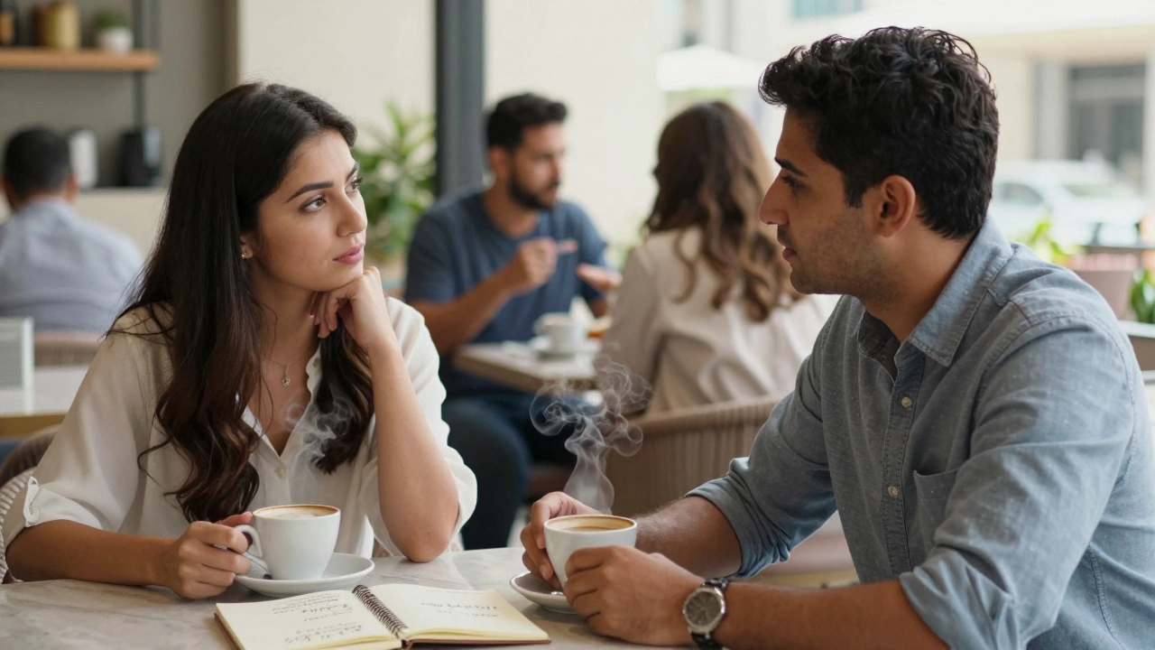 Two people having a quiet, respectful conversation at a Dubai café, no physical contact, emotional connection evident.